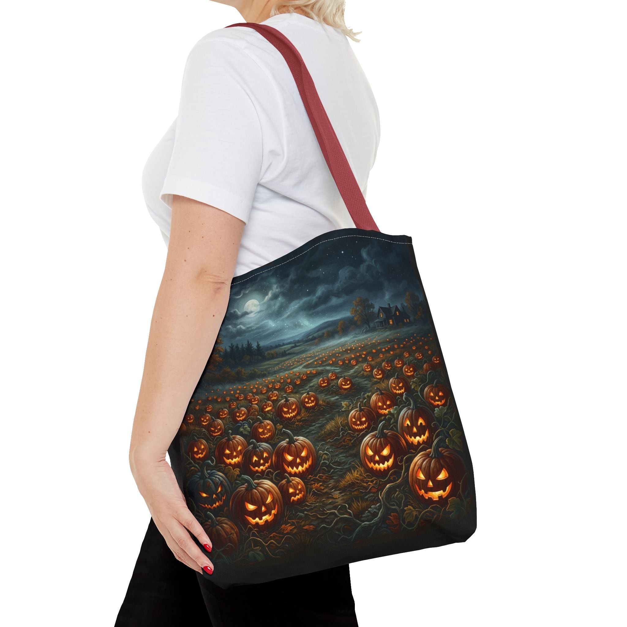 Halloween Pumpkin Field Tote Bag — Spooky Jack-O'-Lantern All-Over Print