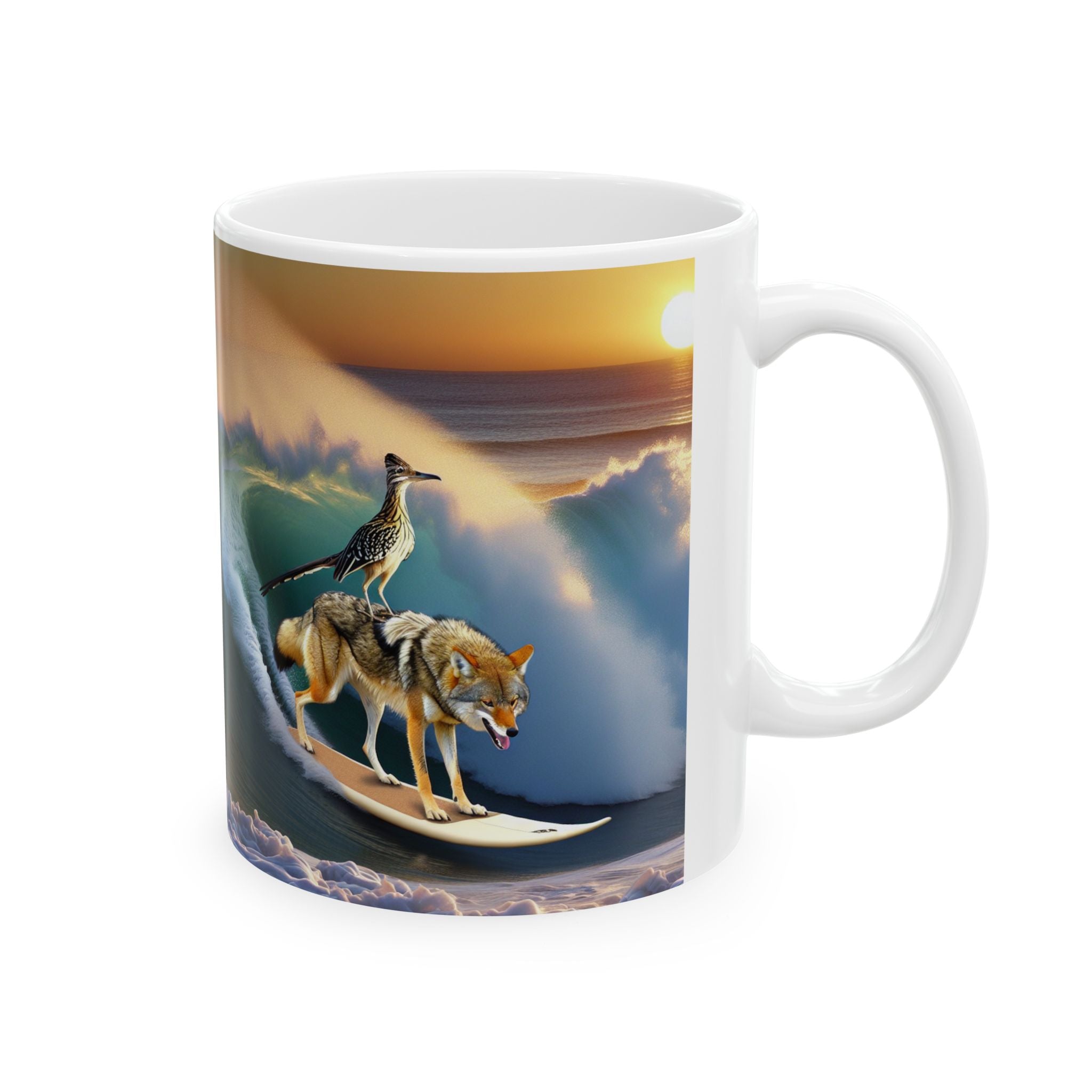 Roadrunner & Coyote Funny Desert Surfer Ceramic Coffee Mug (11oz, 15oz)