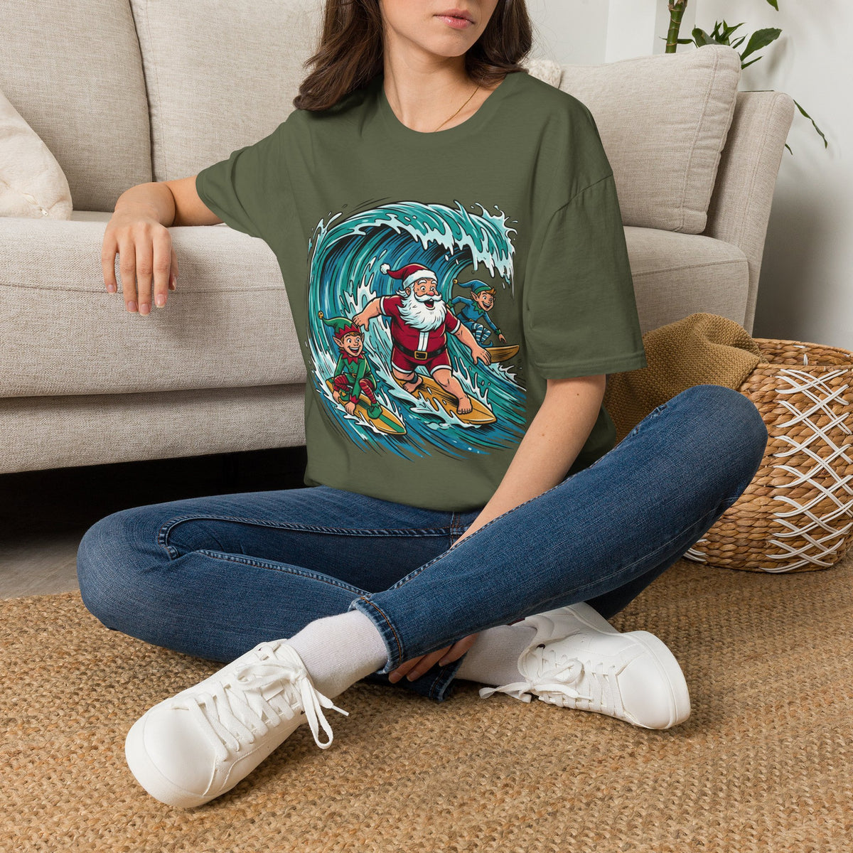 Surfing Santa T-Shirt — Christmas Beach Holiday Tee