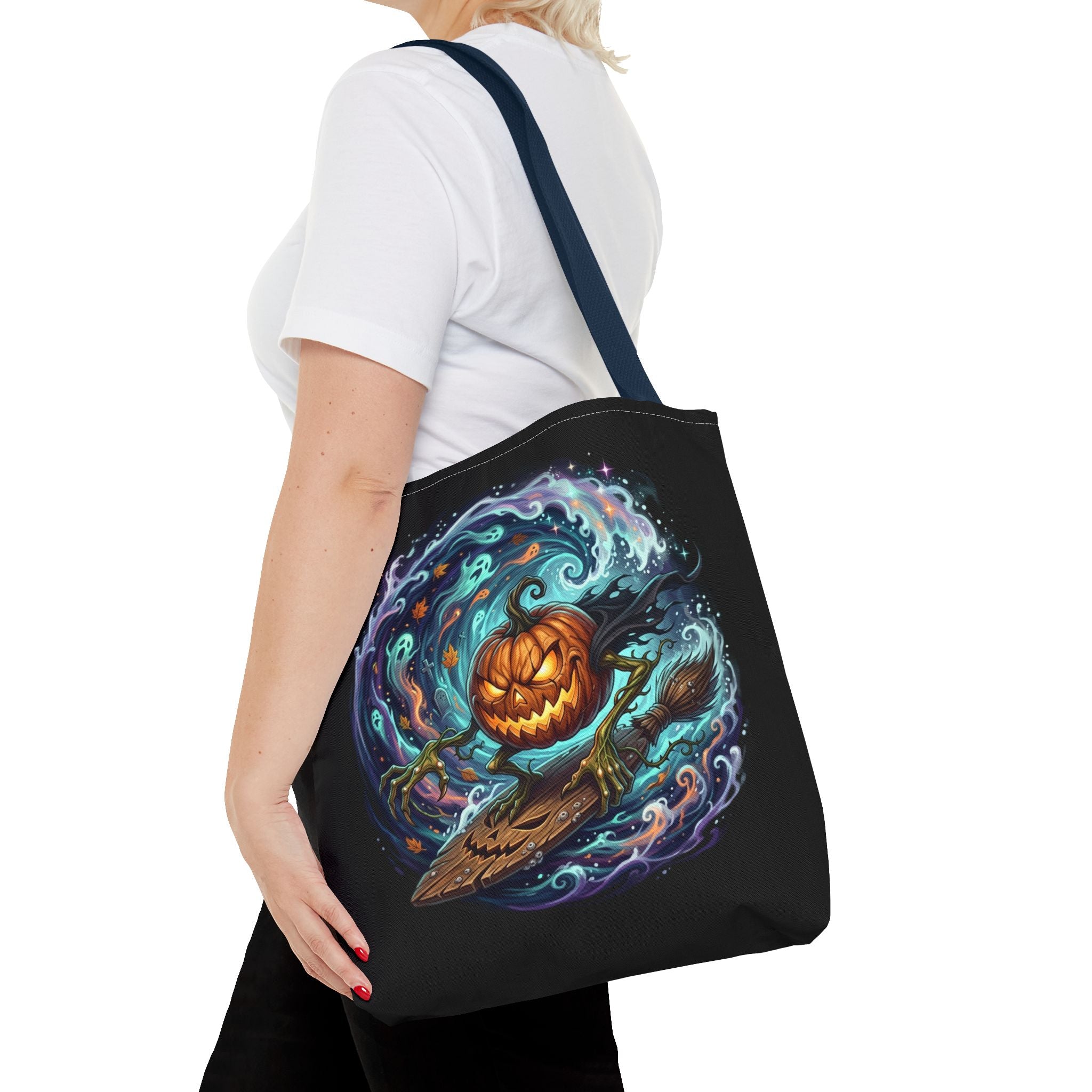Halloween Surfing Pumpkin Tote Bag — Spooky Jack-o'-Lantern Beach Wave Tote