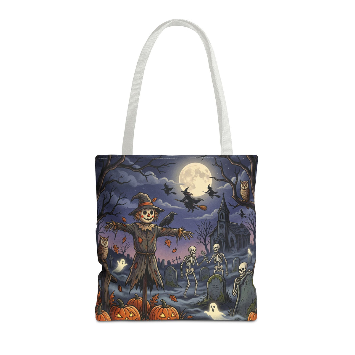 Halloween Haunted Night Tote Bag – Spooky Scarecrow & Skeletons All-Over Print