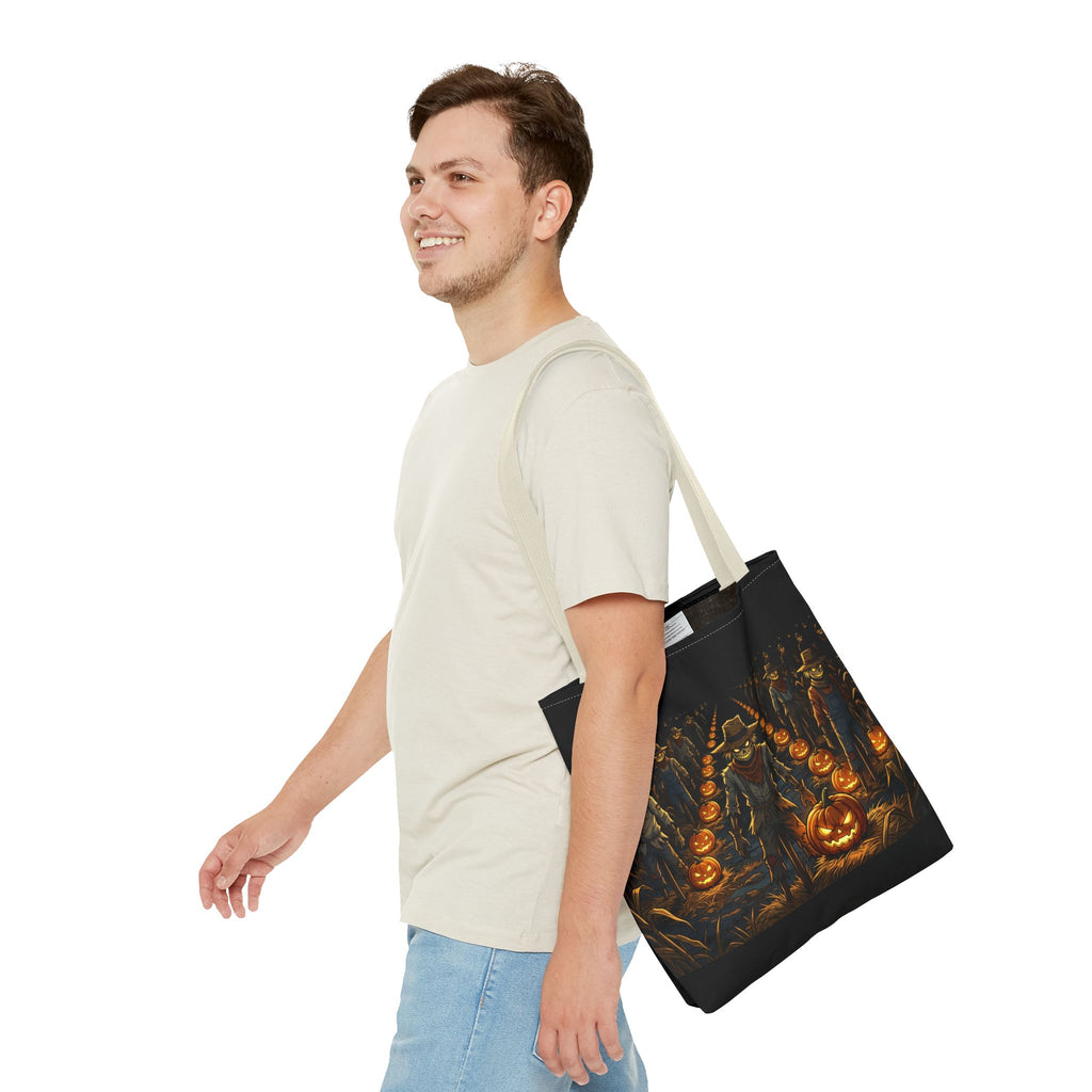 Halloween Scarecrow Parade Tote Bag – Spooky Pumpkin Field All-Over Print Tote
