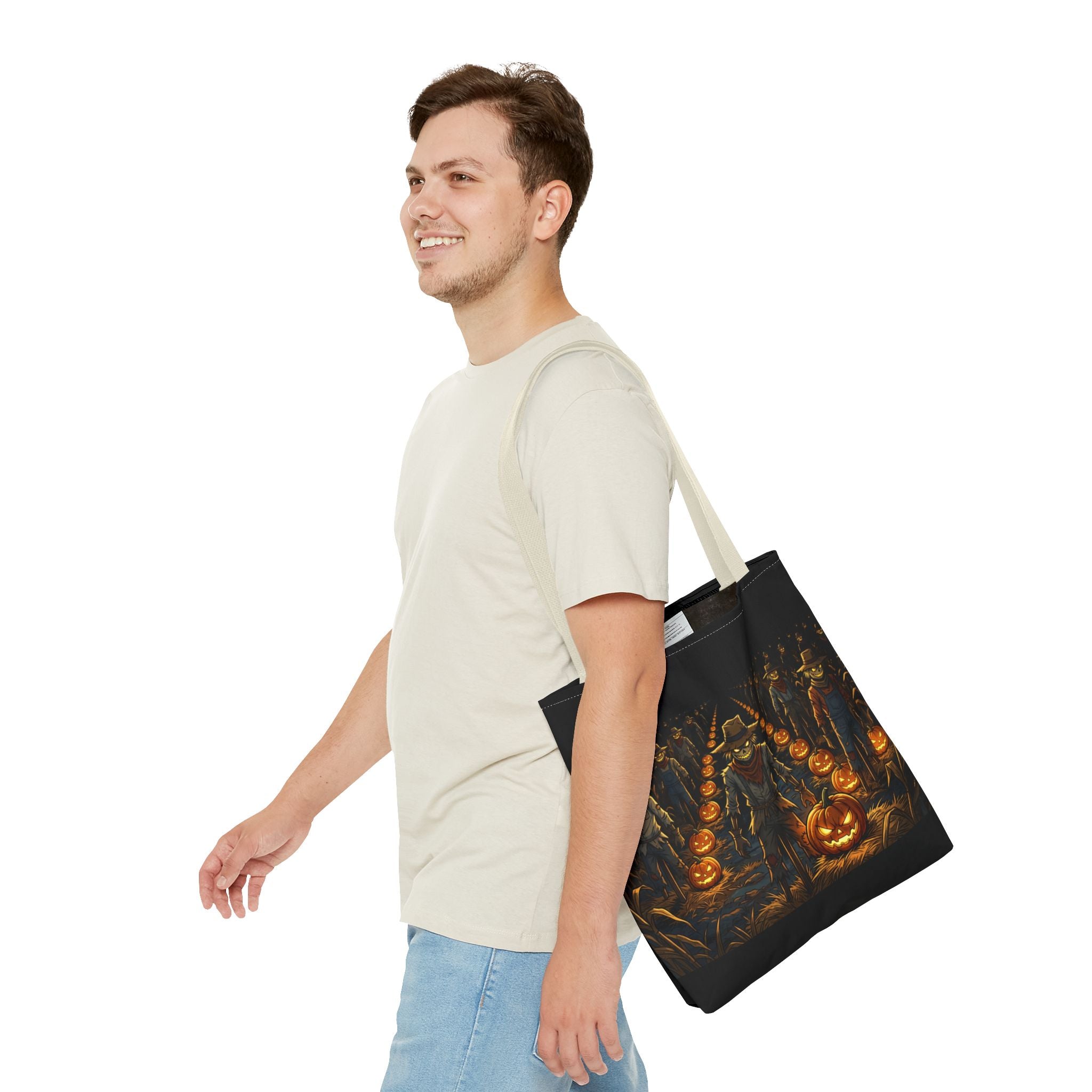 Halloween Scarecrow Parade Tote Bag – Spooky Pumpkin Field All-Over Print Tote