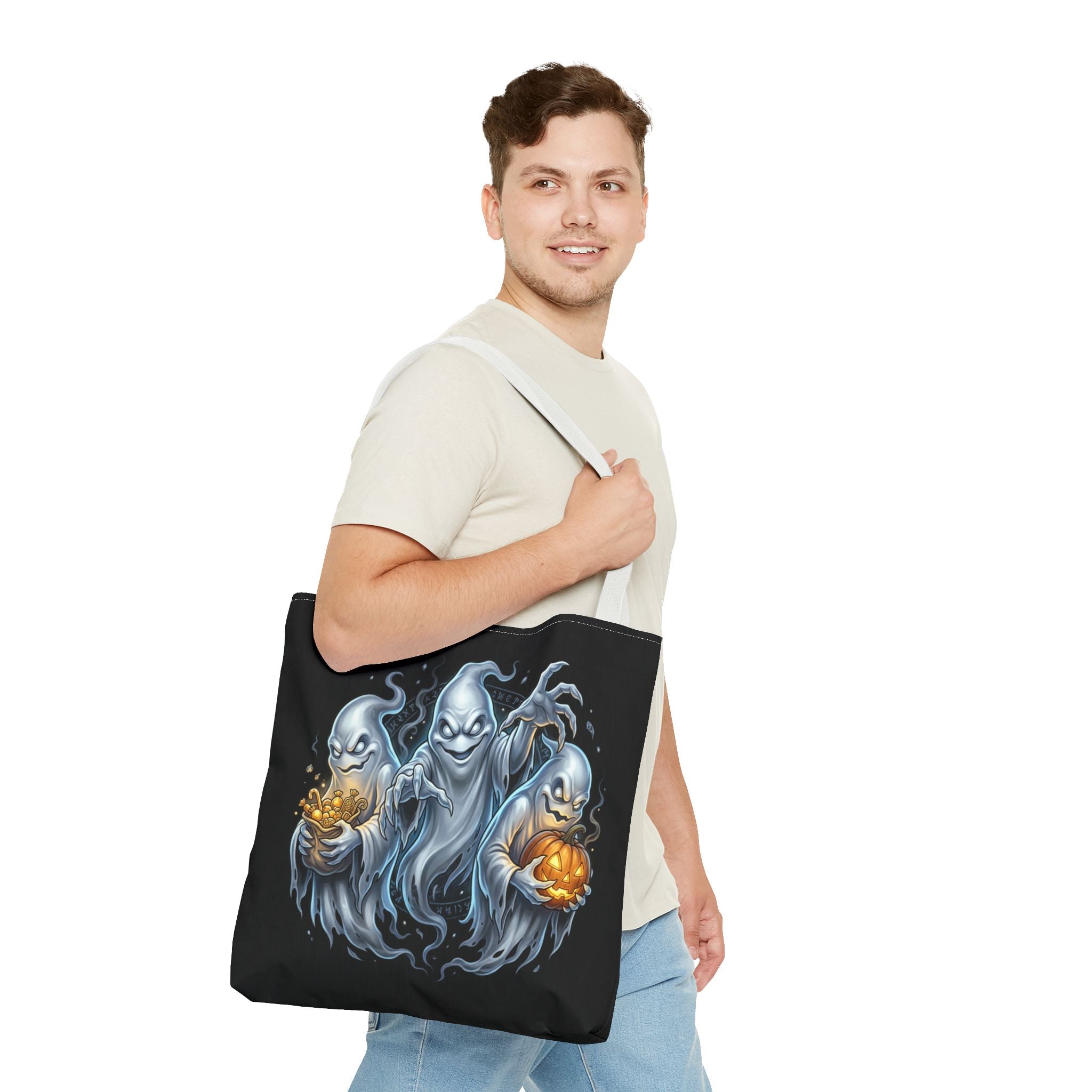 Halloween Ghost Trio Tote Bag — Spooky Pumpkin Trick-or-Treat AOP Tote