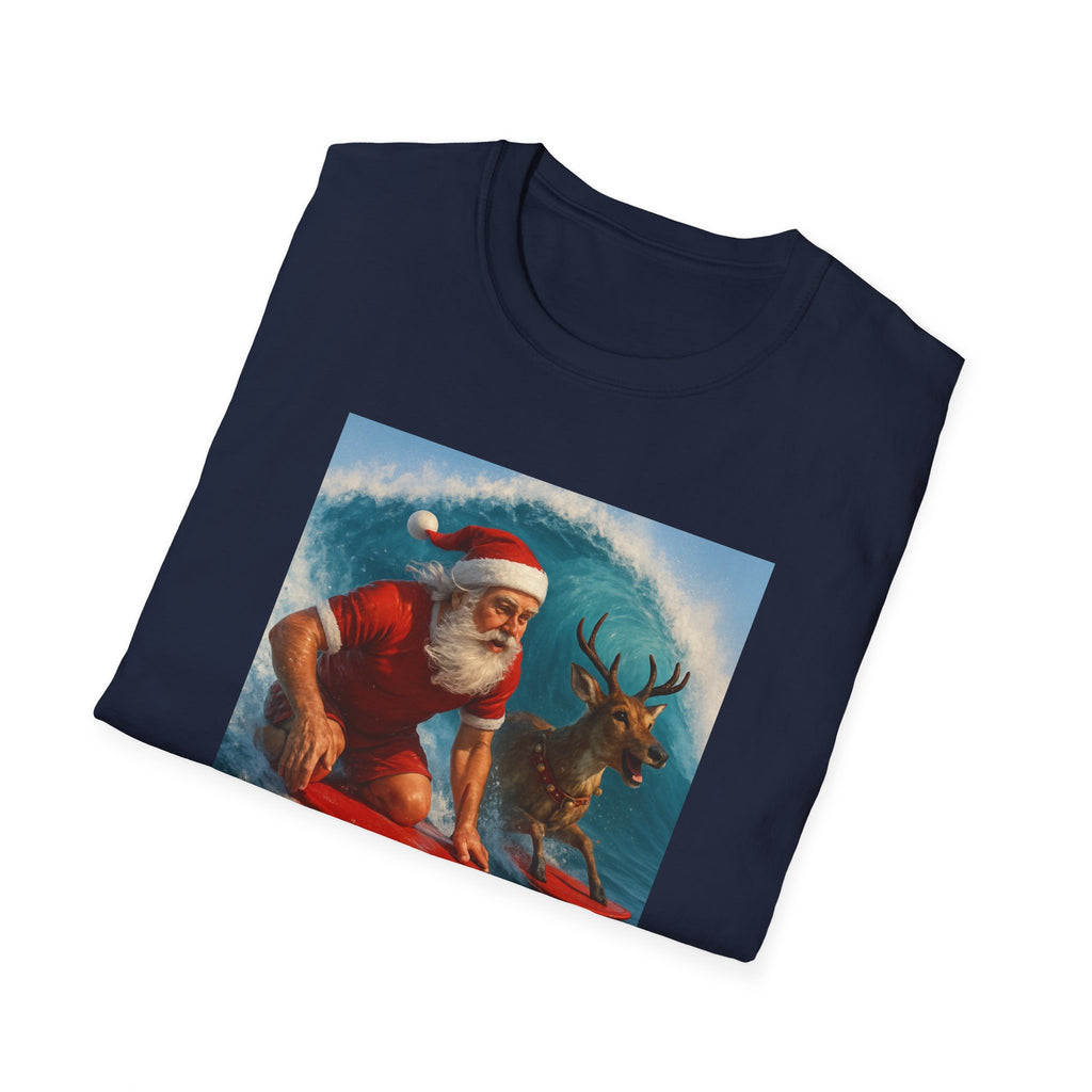 Santa Surfing T-Shirt — Retro Santa and Reindeer Surf Holiday Tee