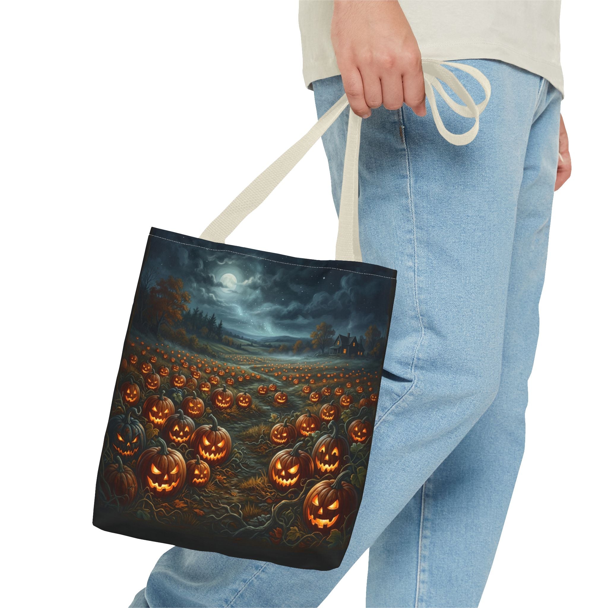 Halloween Pumpkin Field Tote Bag — Spooky Jack-O'-Lantern All-Over Print