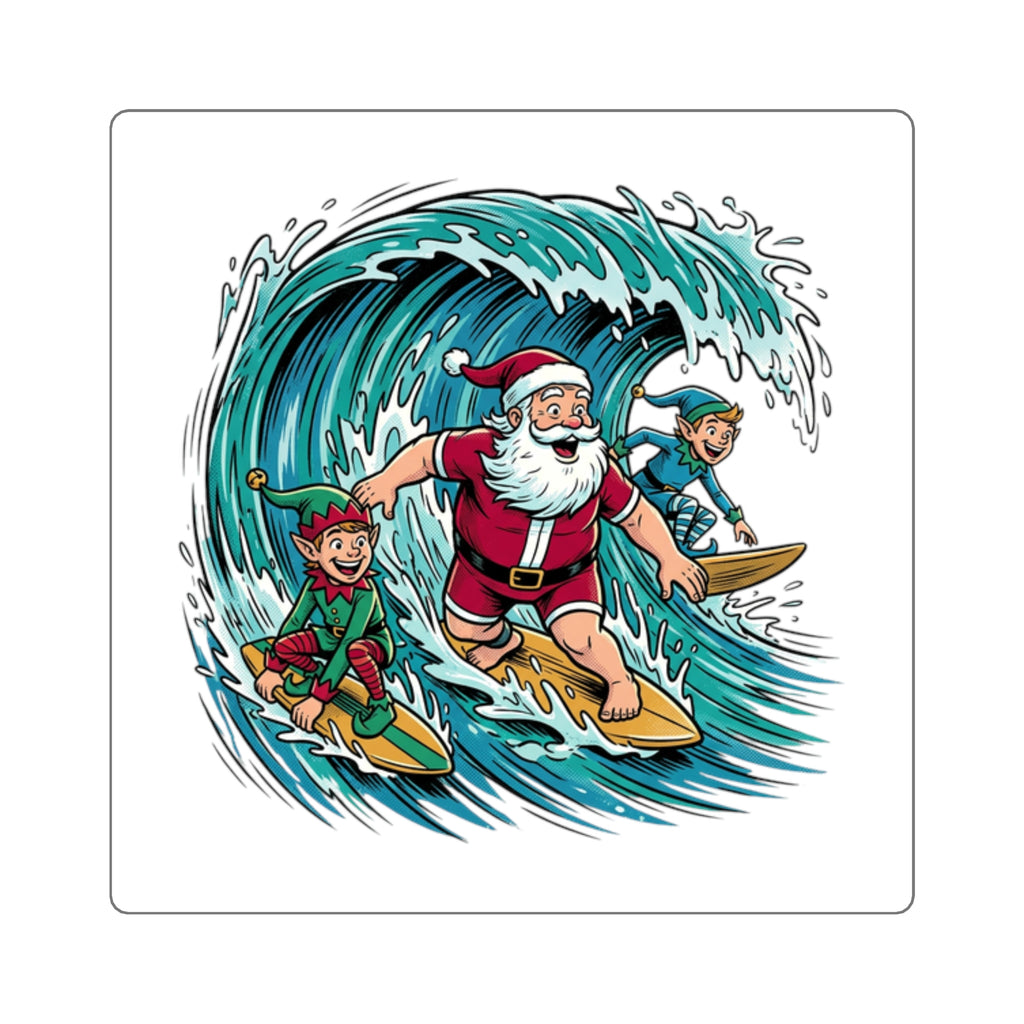 Surfing Santa Square Sticker — Festive Christmas Surfboard Holiday Decal