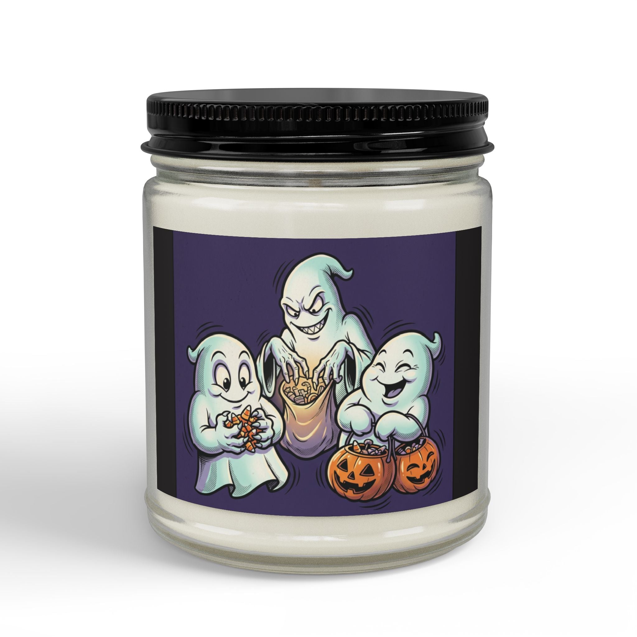 THREE GREEDY GHOST HALLOWEEN Scented Soy Candles with Black Lid, (4 and 9oz)
