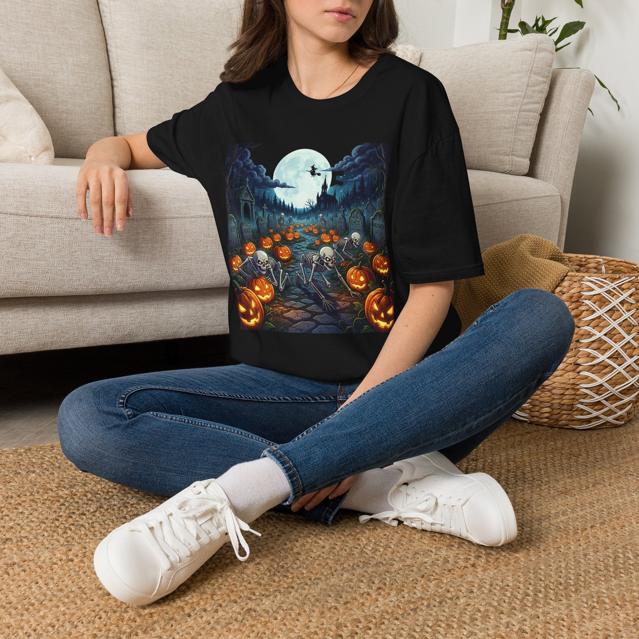 Halloween Pumpkin Patch T-Shirt — Haunted Moonlit Cemetery Graphic Tee