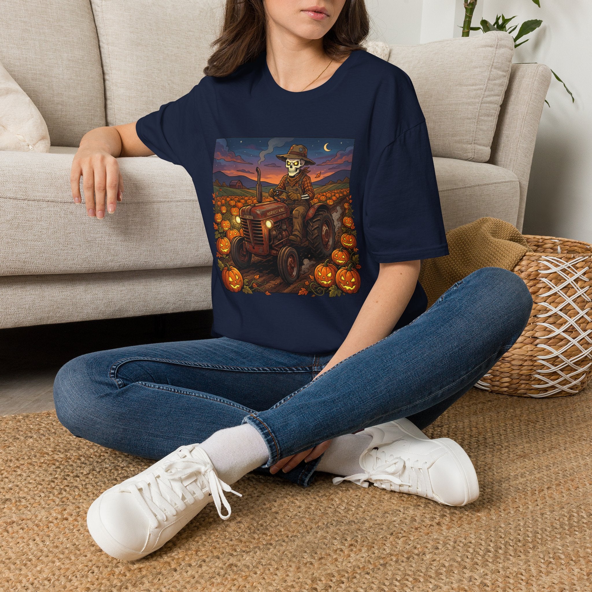 Halloween Pumpkin Farm T‑Shirt — Skeleton Farmer on Tractor Design