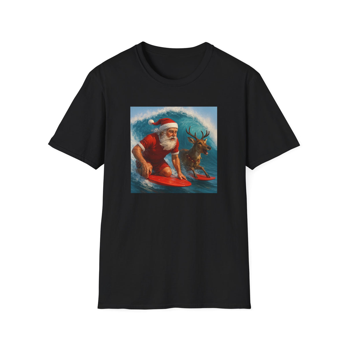 Santa Surfing T-Shirt — Retro Santa and Reindeer Surf Holiday Tee