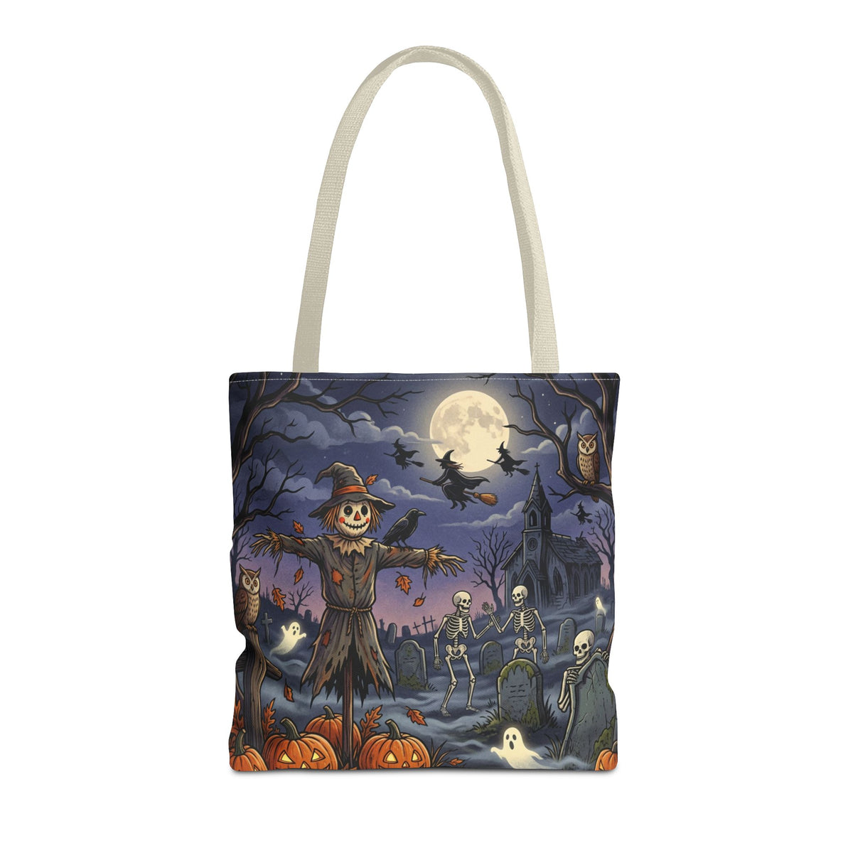 Halloween Haunted Night Tote Bag – Spooky Scarecrow & Skeletons All-Over Print