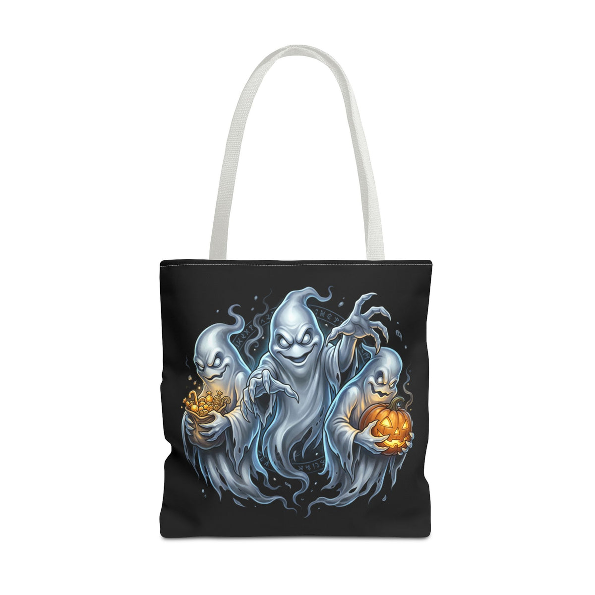 Halloween Ghost Trio Tote Bag — Spooky Pumpkin Trick-or-Treat AOP Tote