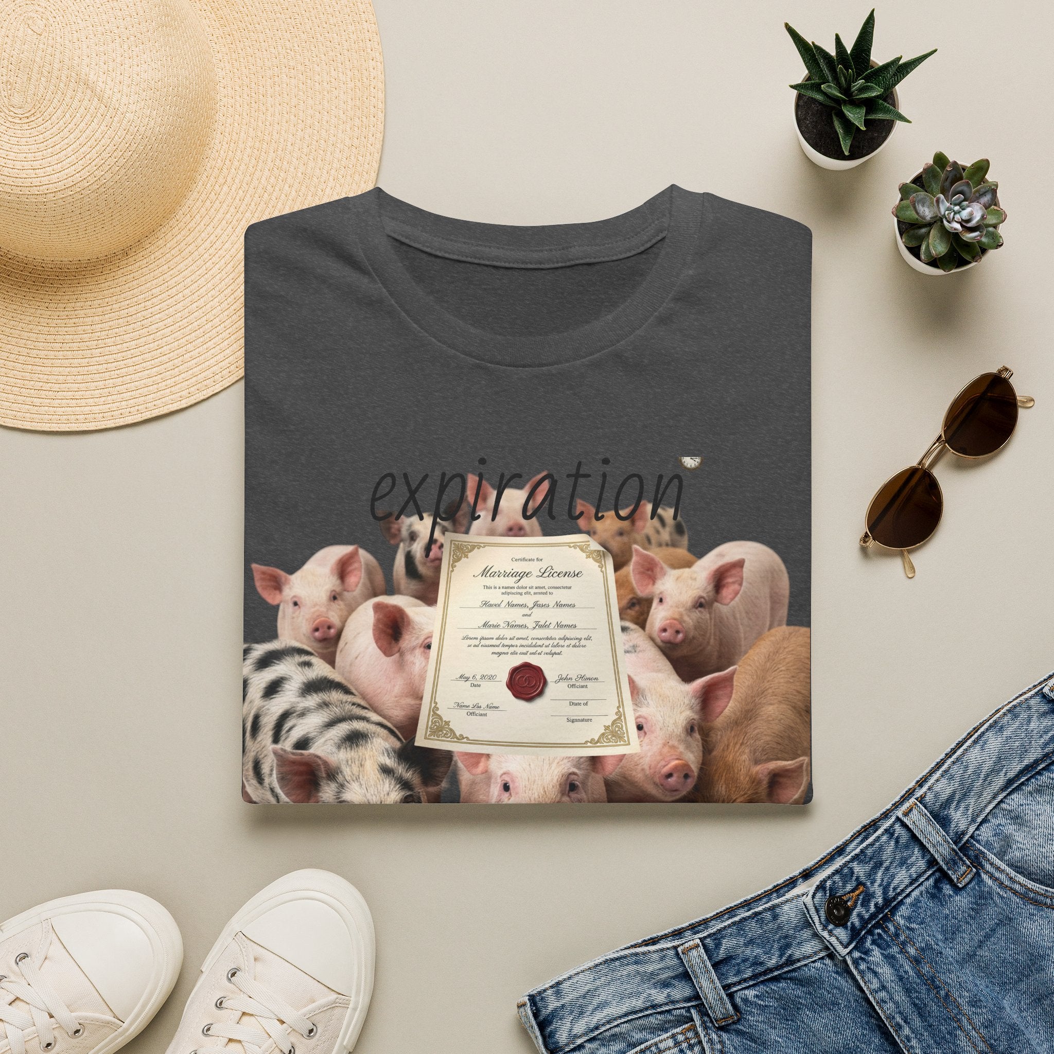 Pig Adoption Certificate T-Shirt — "Expiration Date" Cute Farm Piglet Tee