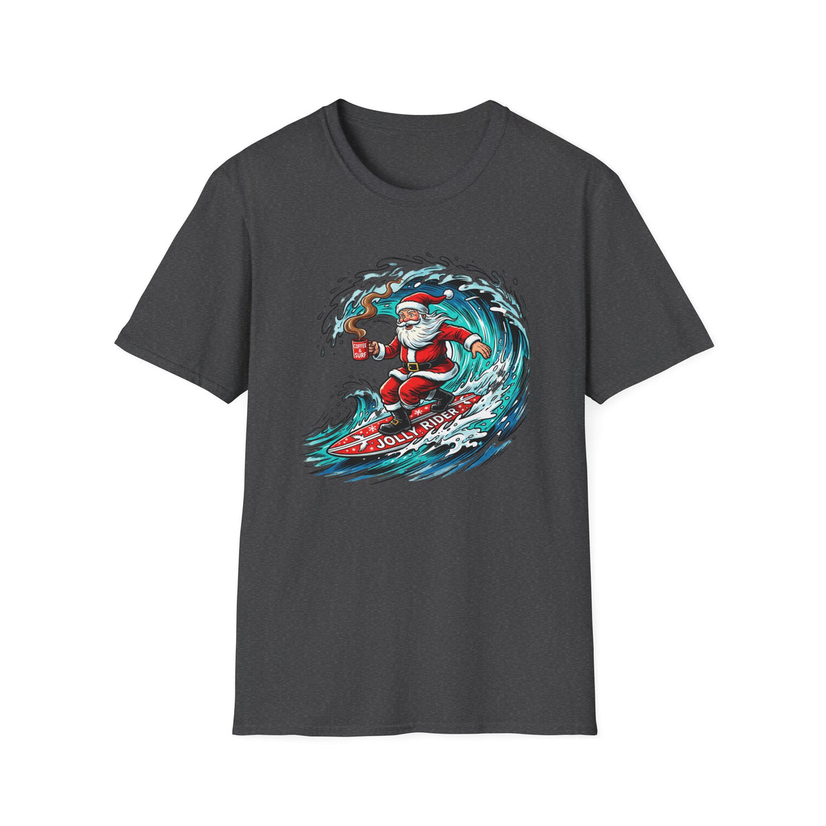 Santa Surfing Waves Christmas T-Shirt – Surfboard Holiday Tee with Coffee-Drinking Santa