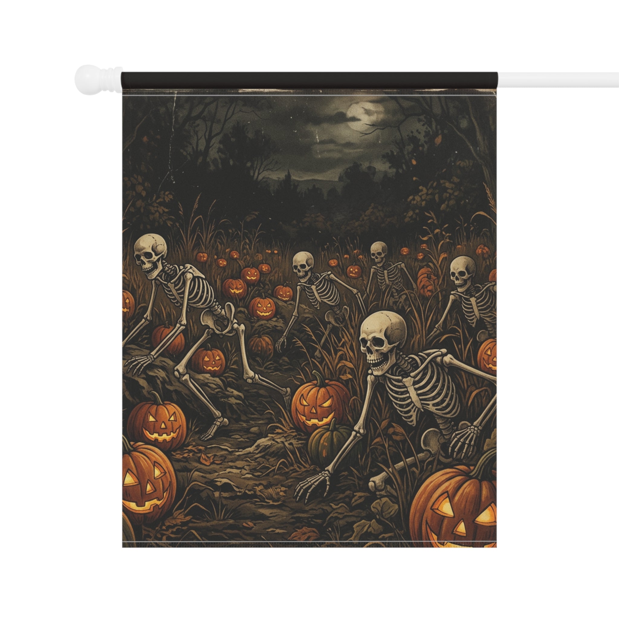 Halloween Skeleton Pumpkin Garden Flag — Spooky Outdoor House Banner