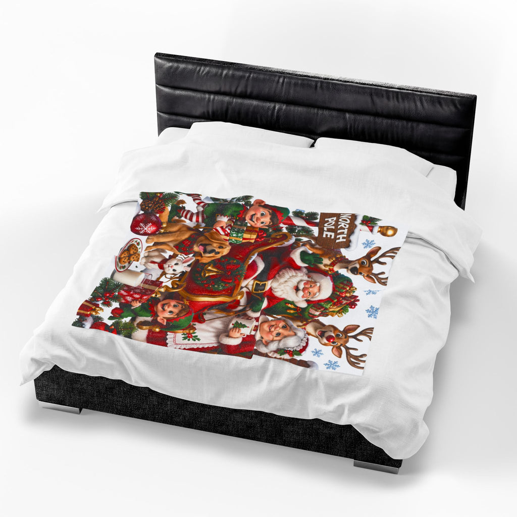 North Pole Christmas Santa & Reindeer Velveteen Plush Blanket