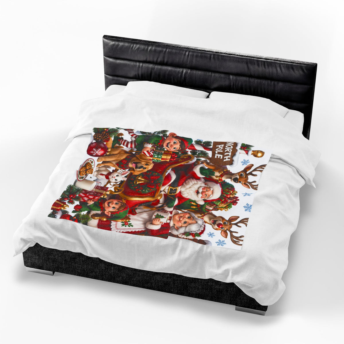 North Pole Christmas Santa & Reindeer Velveteen Plush Blanket