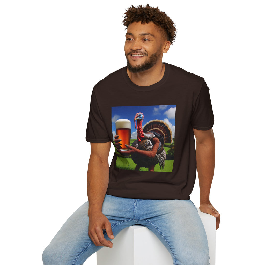 Thankful Turkey Beer T-Shirt — Funny Thanksgiving Turkey Holding Pint Tee
