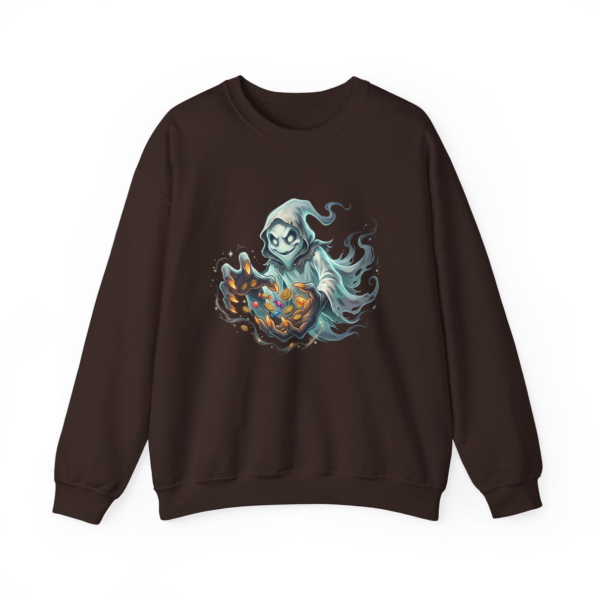 Treasure Ghost Halloween Crewneck Sweatshirt — Hooded Specter with Glowing Candy