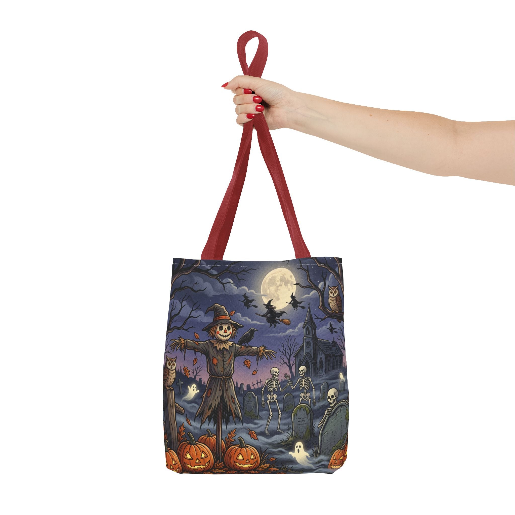 Halloween Haunted Night Tote Bag – Spooky Scarecrow & Skeletons All-Over Print