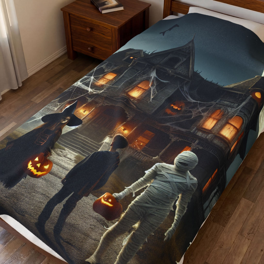 Haunted House Trick-or-Treat Halloween Velveteen Plush Blanket