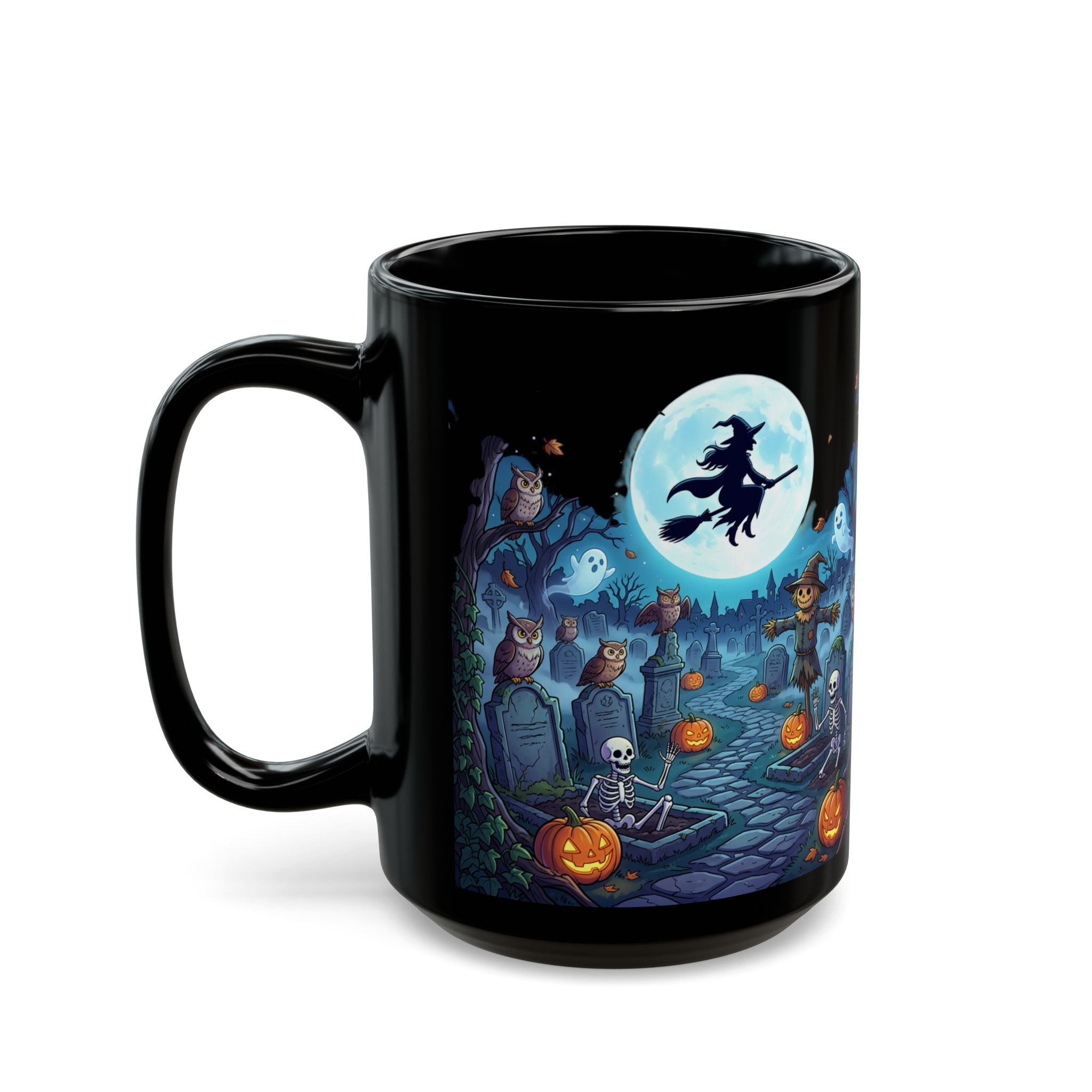 Halloween Haunted Night Mug — Spooky Pumpkin, Skeleton & Witch Coffee Cup (11oz/15oz)