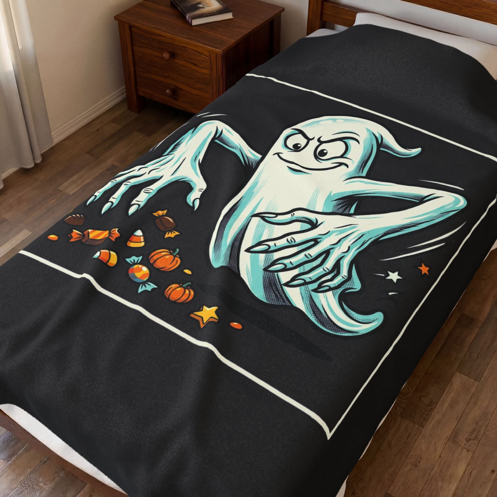 Candy Grabber Ghost Halloween Velveteen Plush Blanket