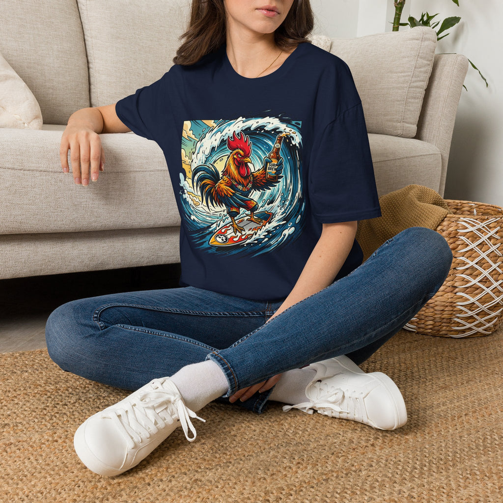 Surfing Rooster T-Shirt — Vintage Wave Rooster Holding Beer Graphic Tee