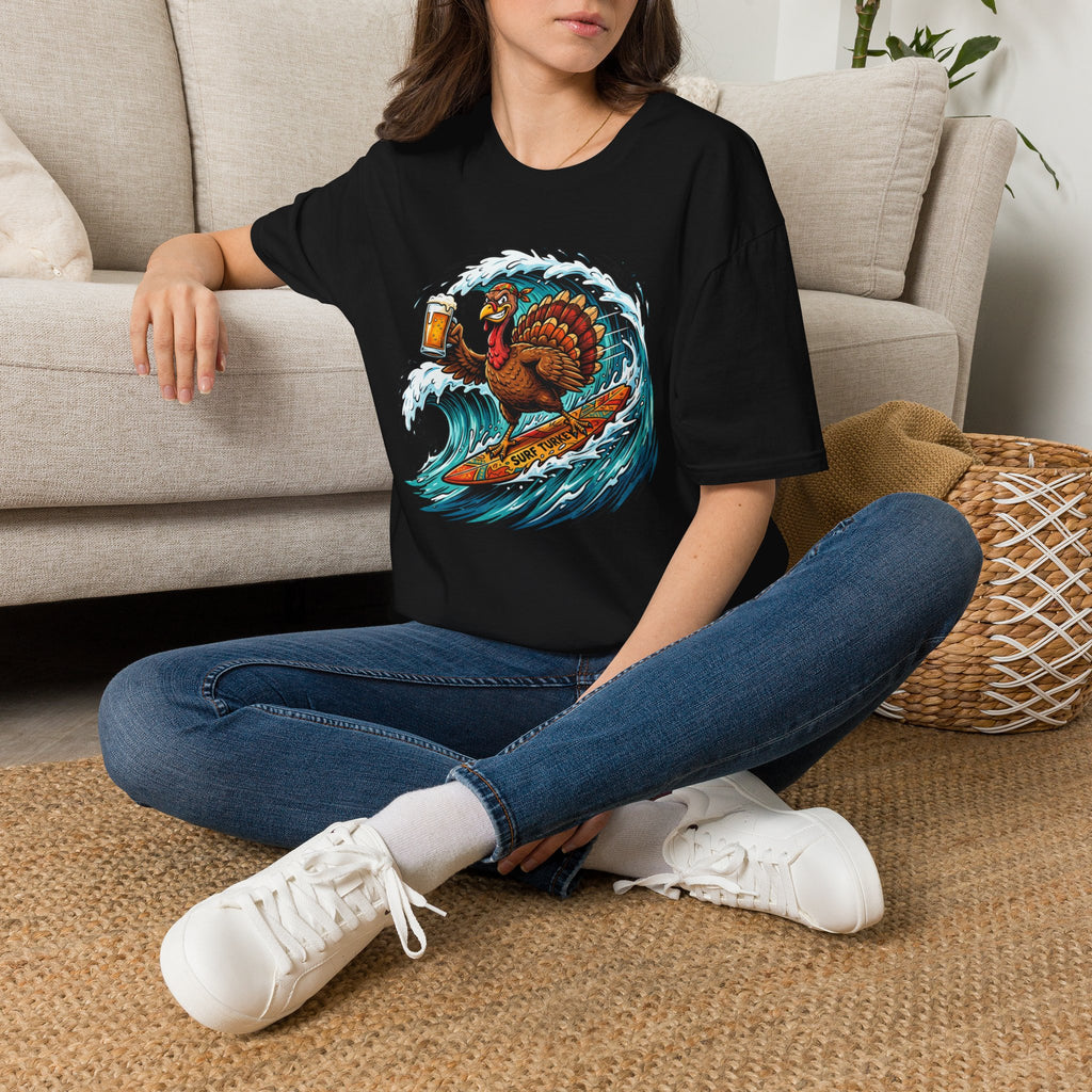 Turkey Surfing With Beer T-Shirt — Funny Thanksgiving Surfboard Tee