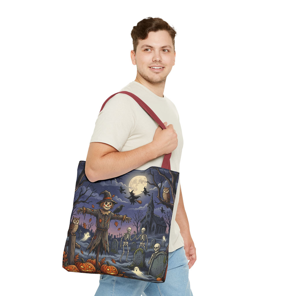 Halloween Haunted Night Tote Bag – Spooky Scarecrow & Skeletons All-Over Print