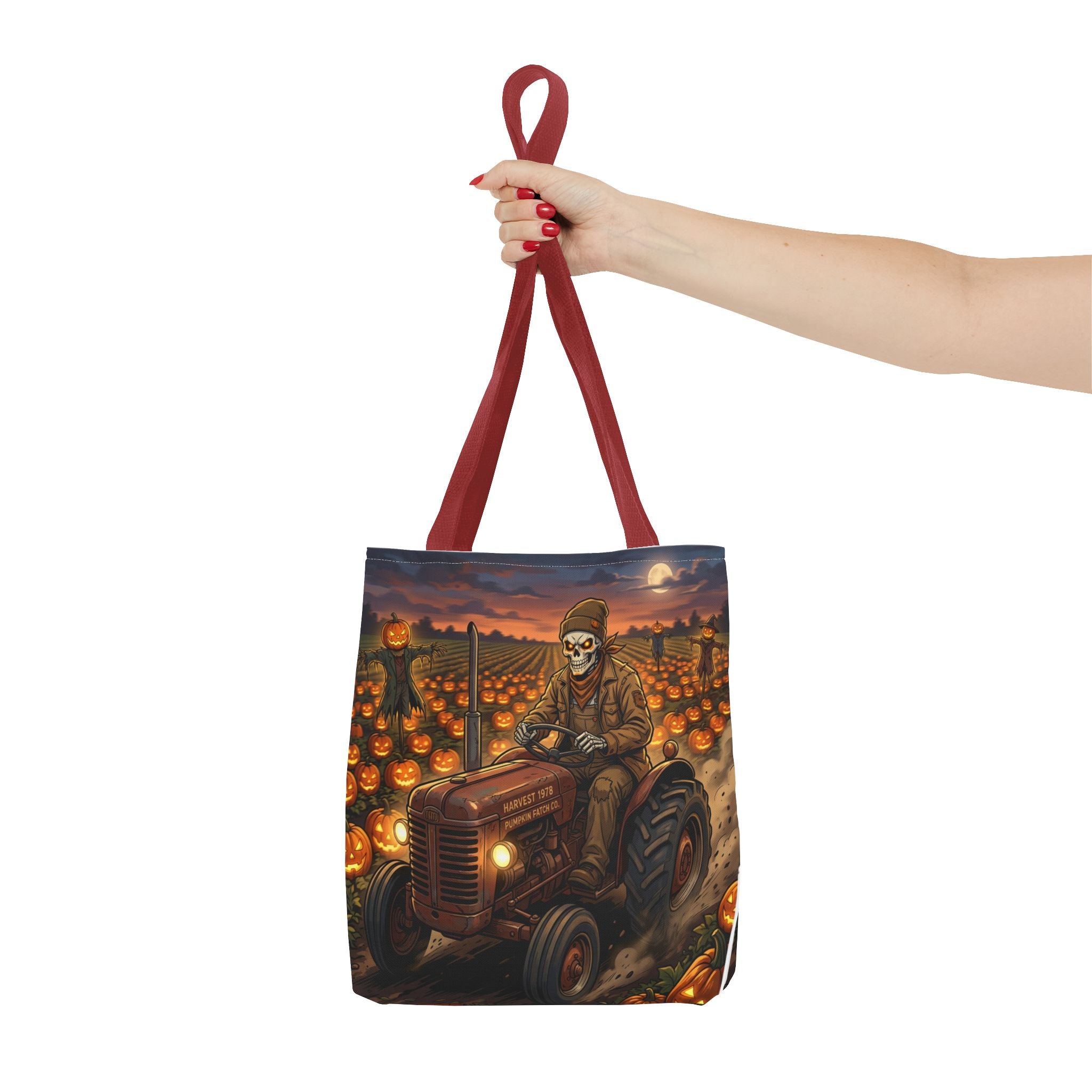 Halloween Pumpkin Field Tote — Skeletal Farmer on Tractor AOP Tote Bag