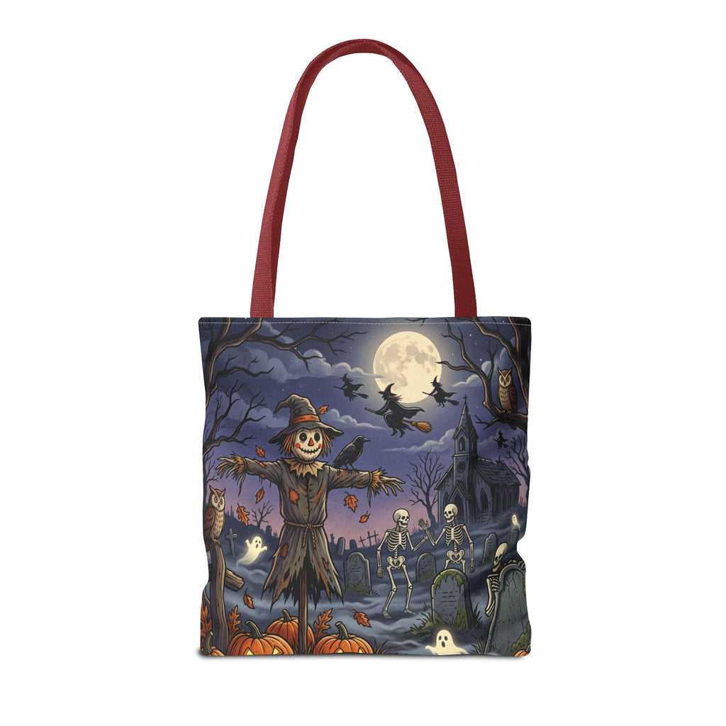 Halloween Haunted Night Tote Bag – Spooky Scarecrow & Skeletons All-Over Print