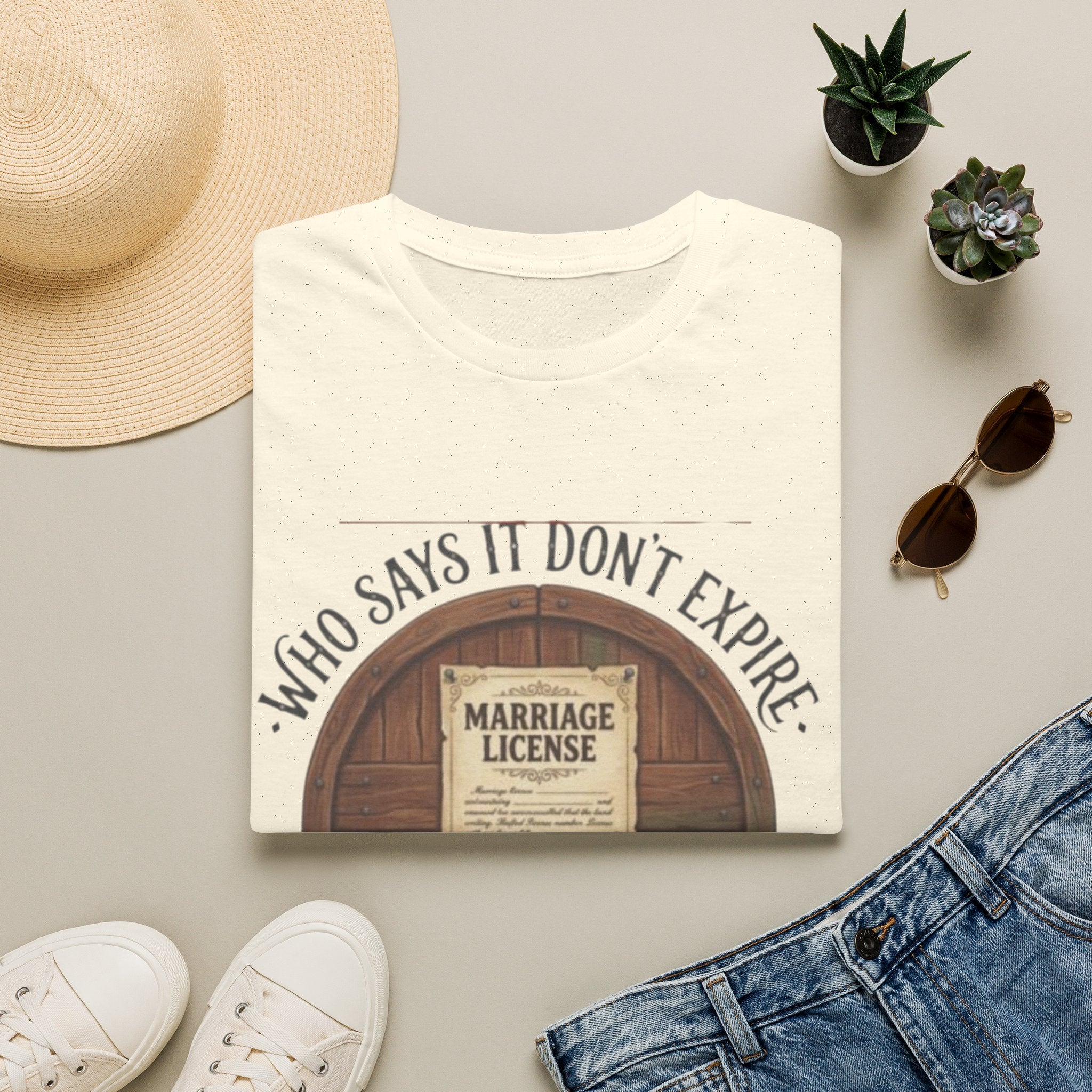 T-Shirt — "Who Says It Don't Expire" Vintage Marriage License Design