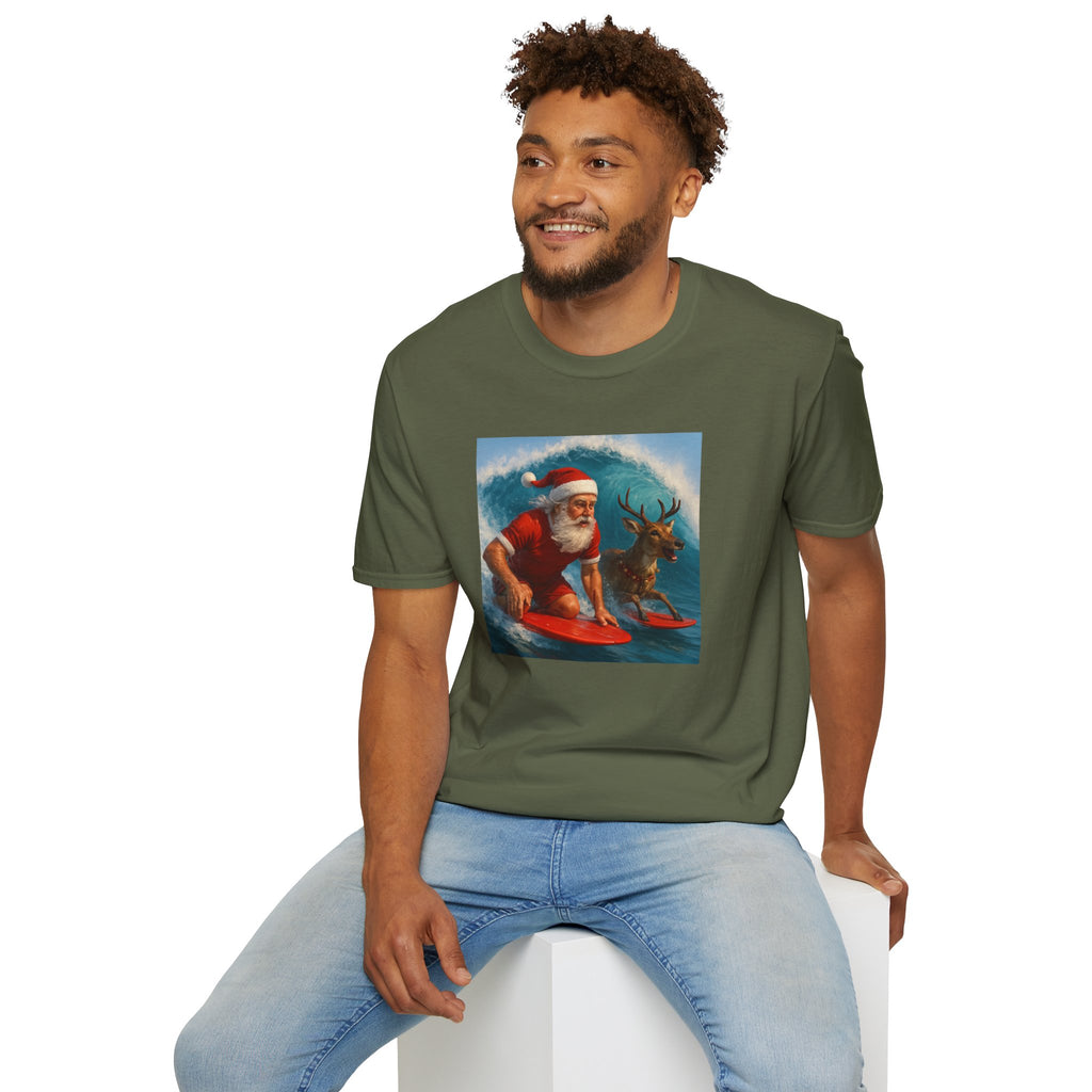 Santa Surfing T-Shirt — Retro Santa and Reindeer Surf Holiday Tee