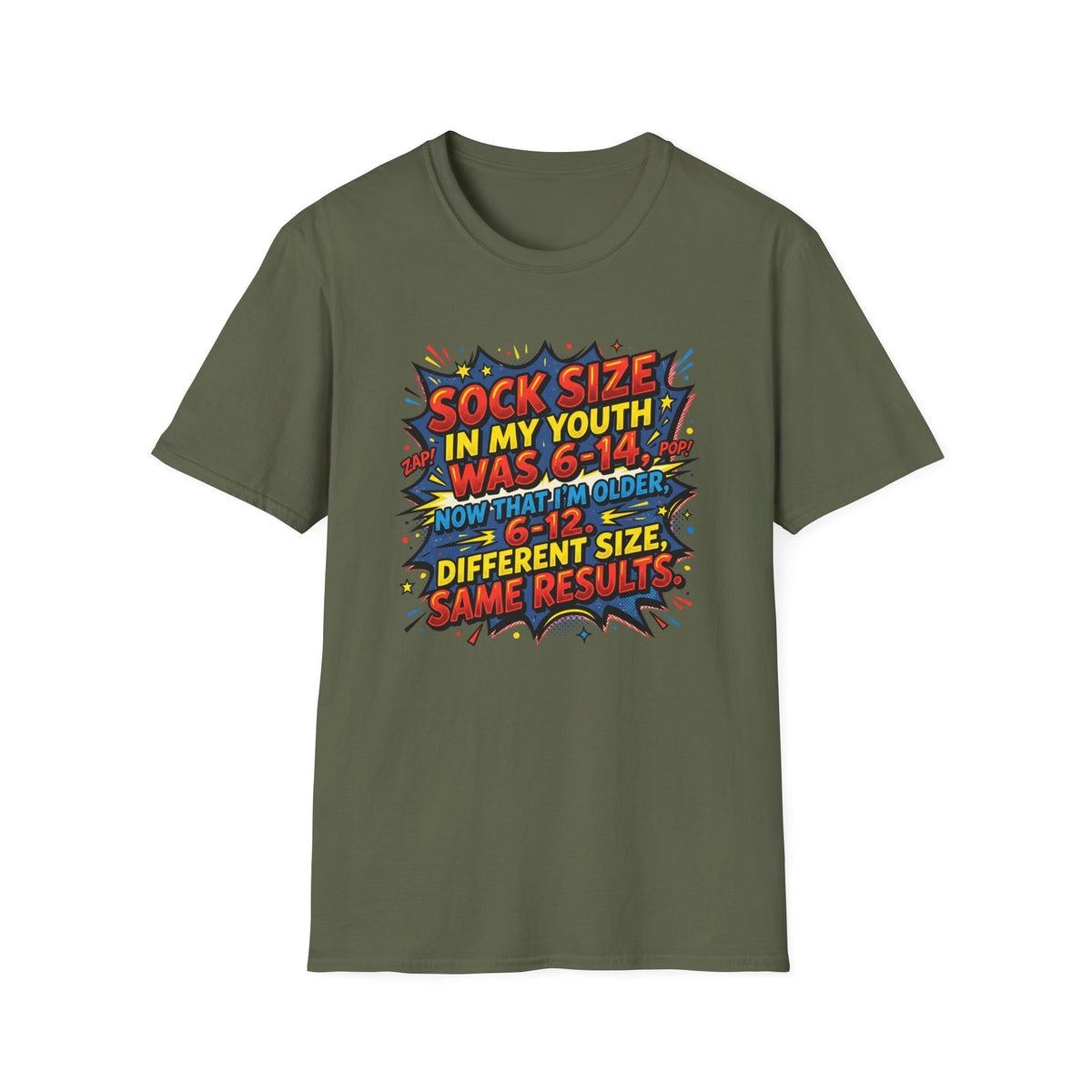 Funny Retro Comic T-Shirt — “Sock Size In My Youth Was 6-14… Now That I’m Older, 6-12 = Different Size Same Results” Graphic Tee