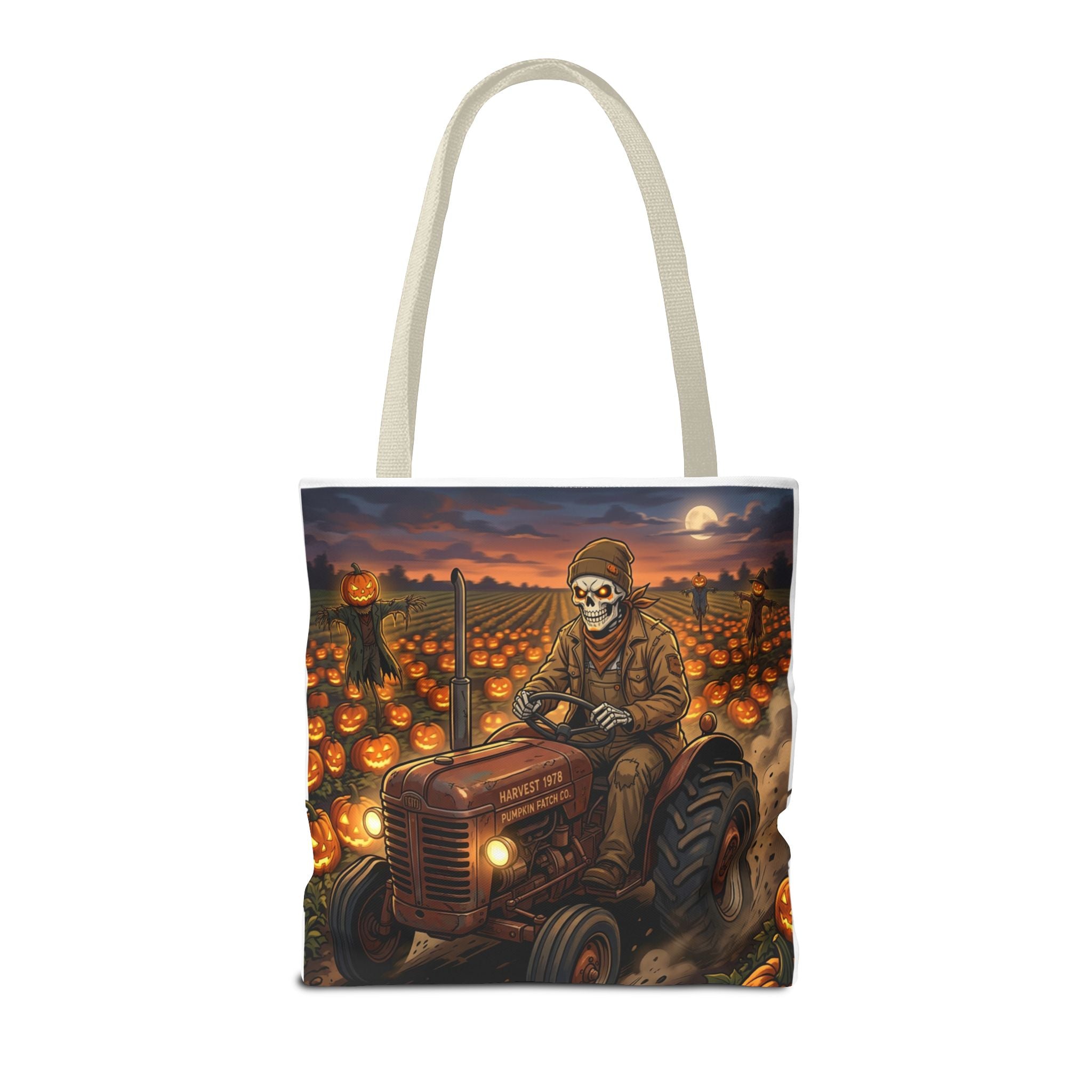 Halloween Pumpkin Field Tote — Skeletal Farmer on Tractor AOP Tote Bag