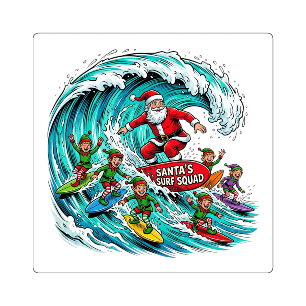 Santa’s Surf Squad Square Sticker — Festive Christmas Surfing Elves Decal