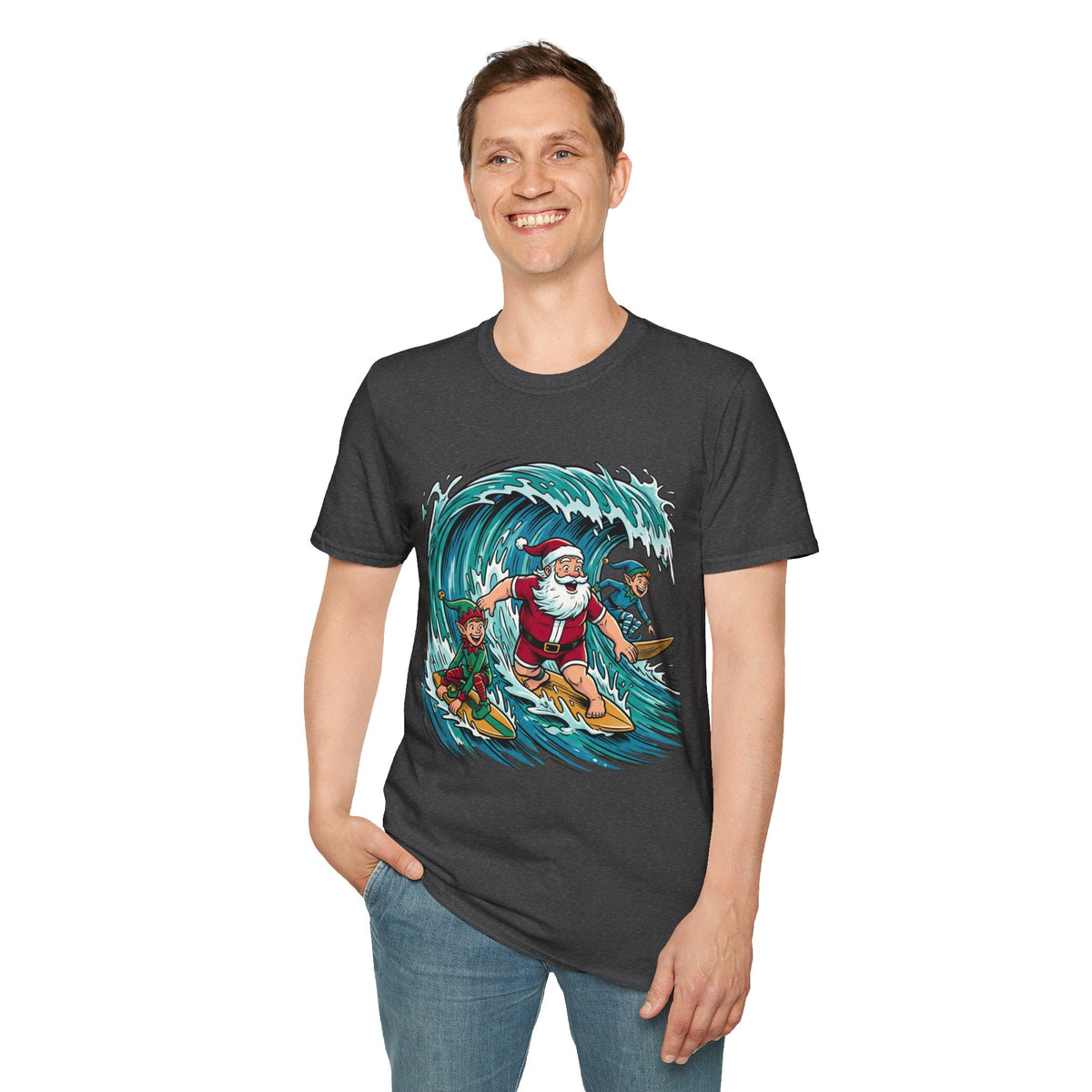 Surfing Santa T-Shirt — Christmas Beach Holiday Tee