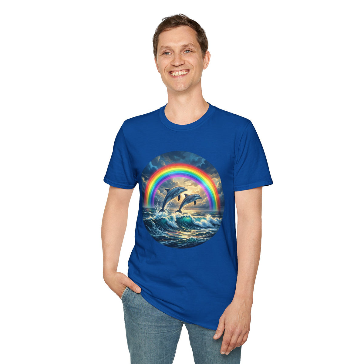 Dolphin Rainbow Wave T-Shirt — Ocean Sunset Graphic Tee
