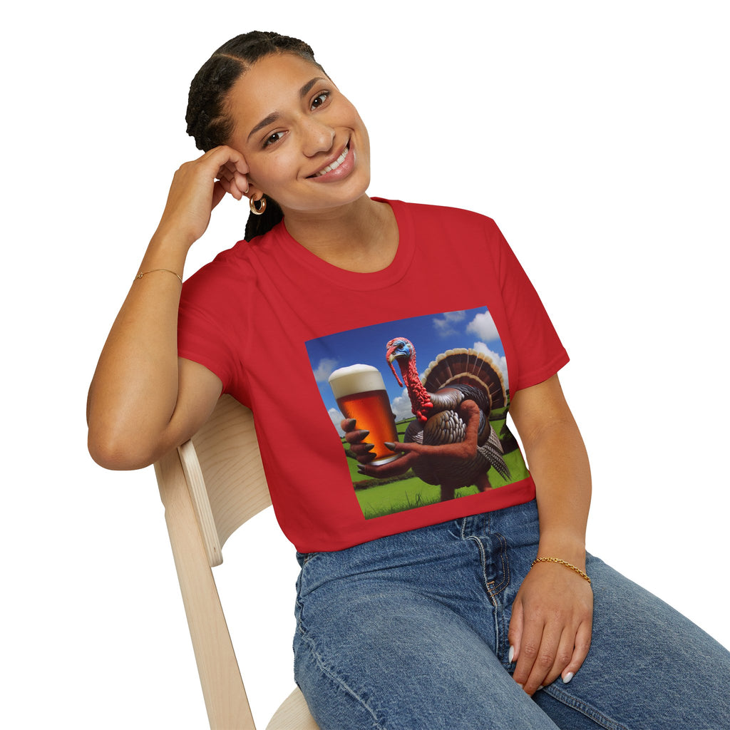 Thankful Turkey Beer T-Shirt — Funny Thanksgiving Turkey Holding Pint Tee