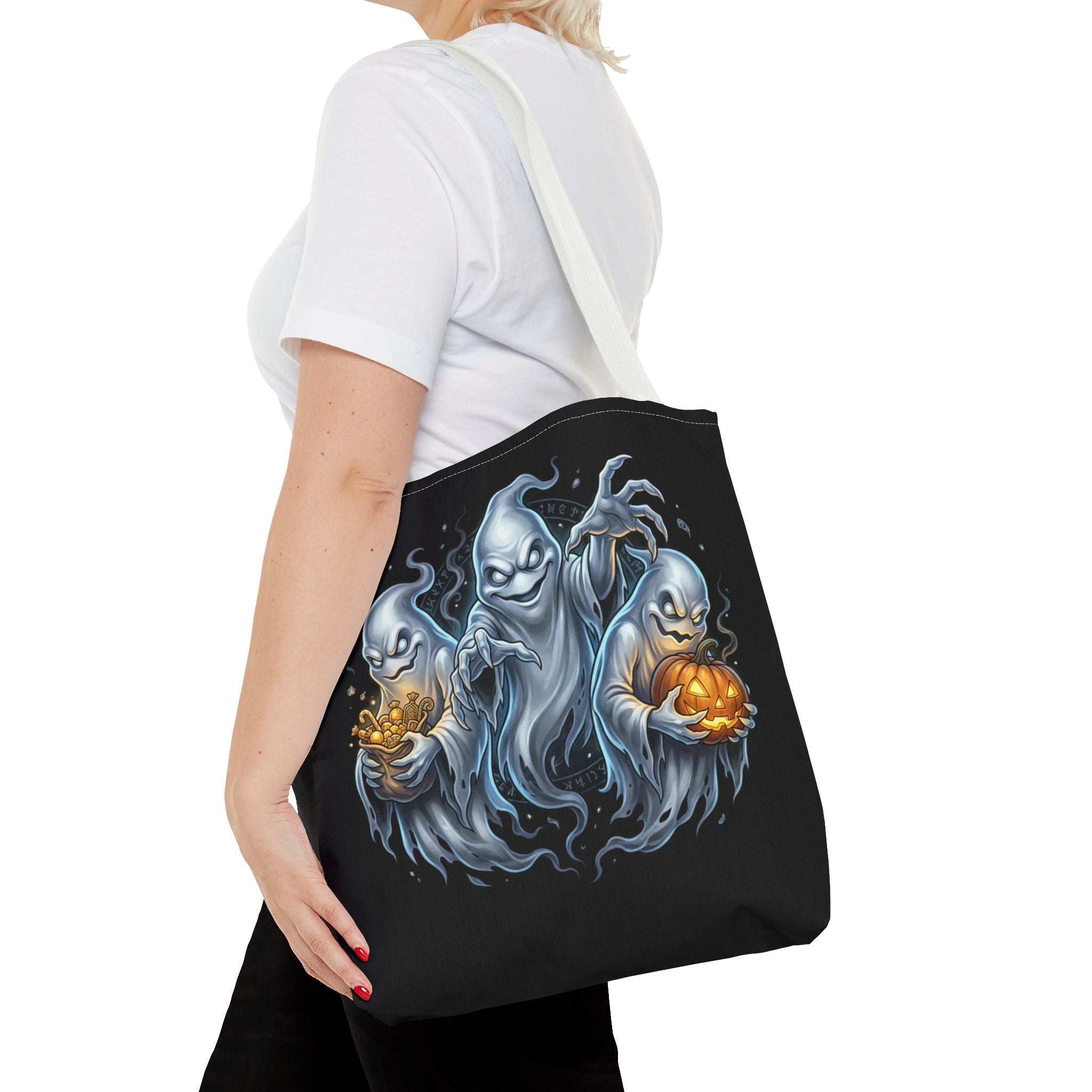 Halloween Ghost Trio Tote Bag — Spooky Pumpkin Trick-or-Treat AOP Tote