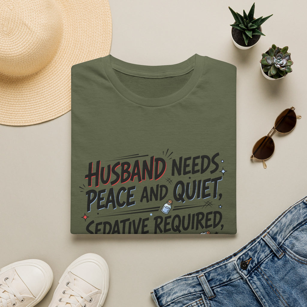 Funny Wife T‑Shirt – "Husband Needs Peace and Quiet, Sedative Not For Husband" Graphic Tee