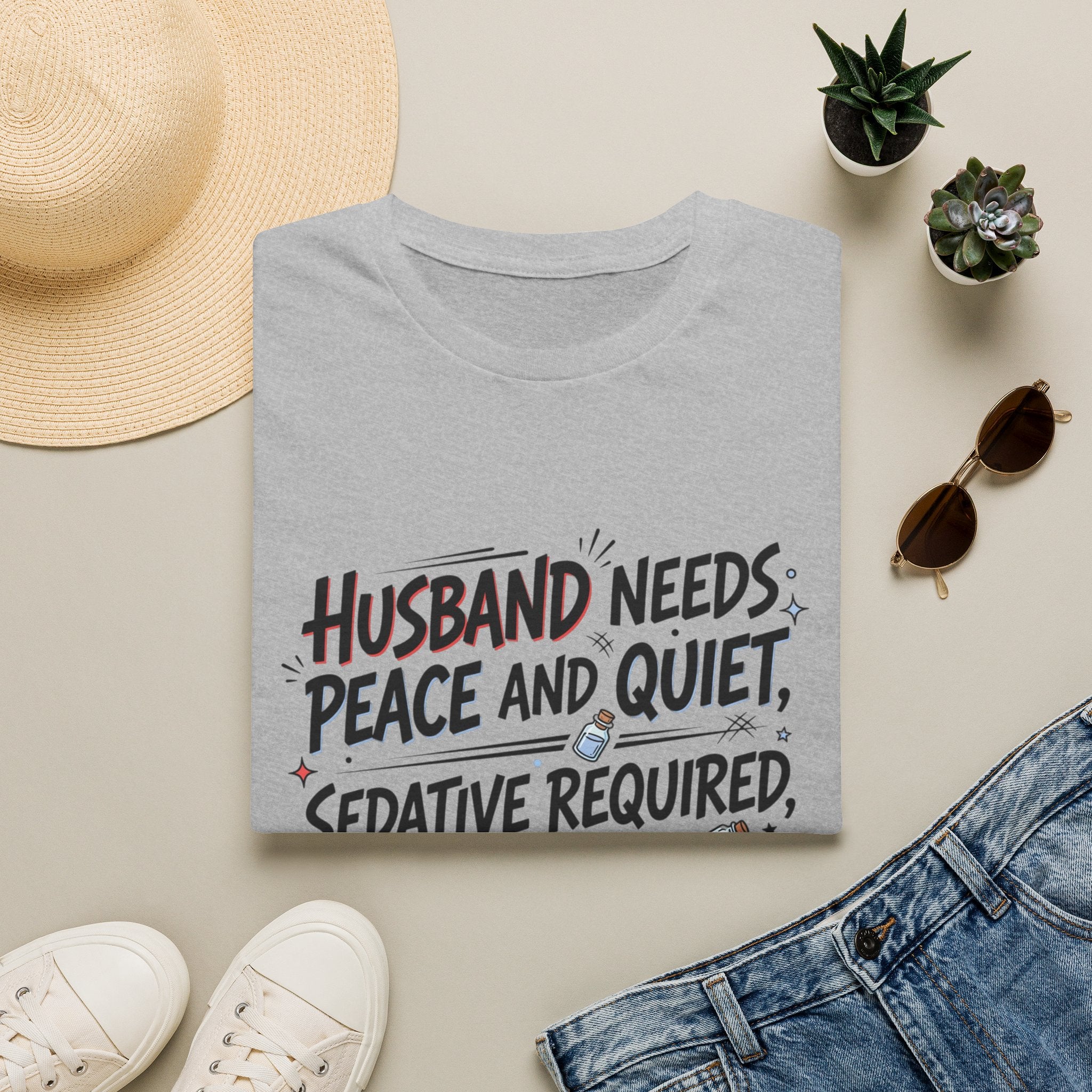 Funny Wife T‑Shirt – "Husband Needs Peace and Quiet, Sedative Not For Husband" Graphic Tee