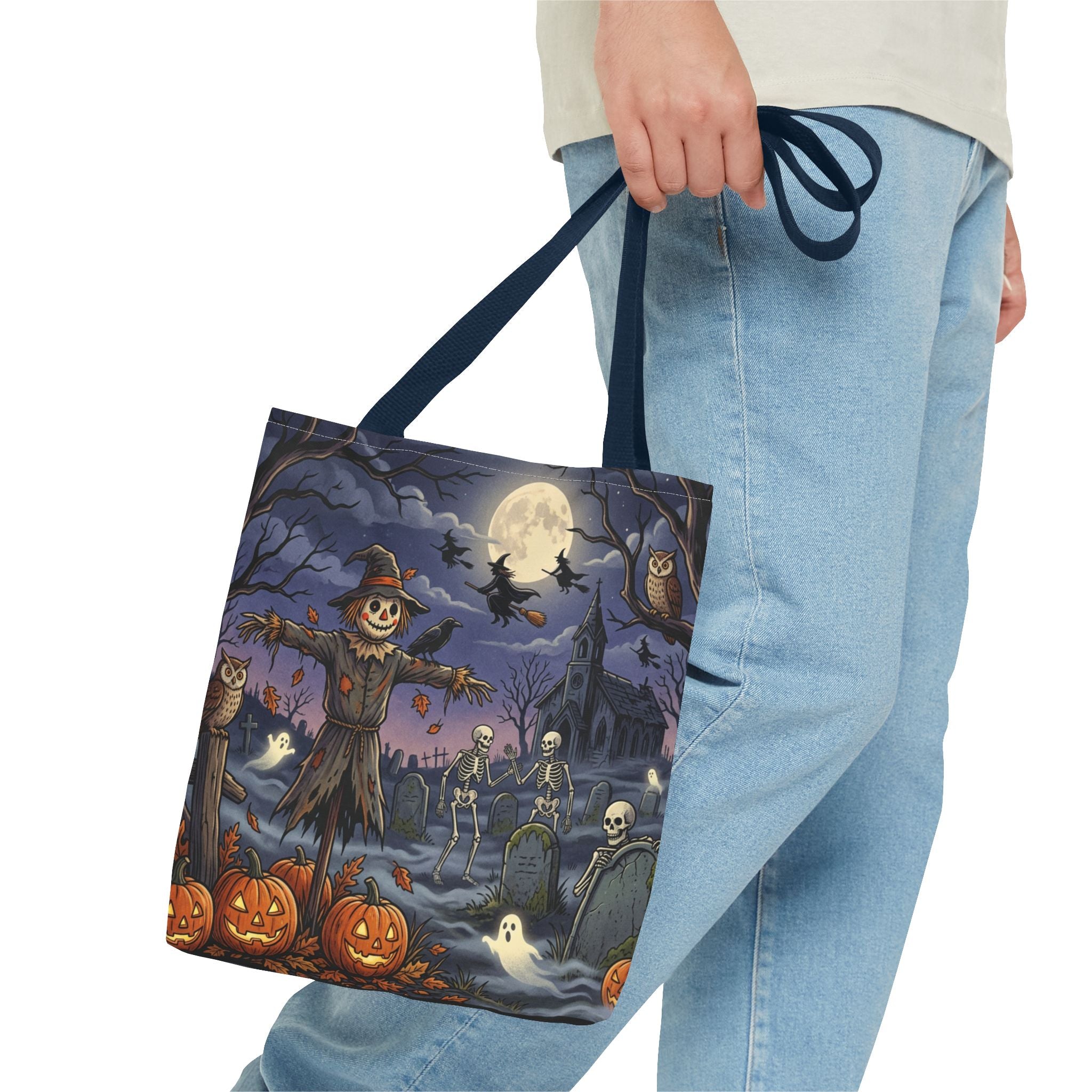Halloween Haunted Night Tote Bag – Spooky Scarecrow & Skeletons All-Over Print