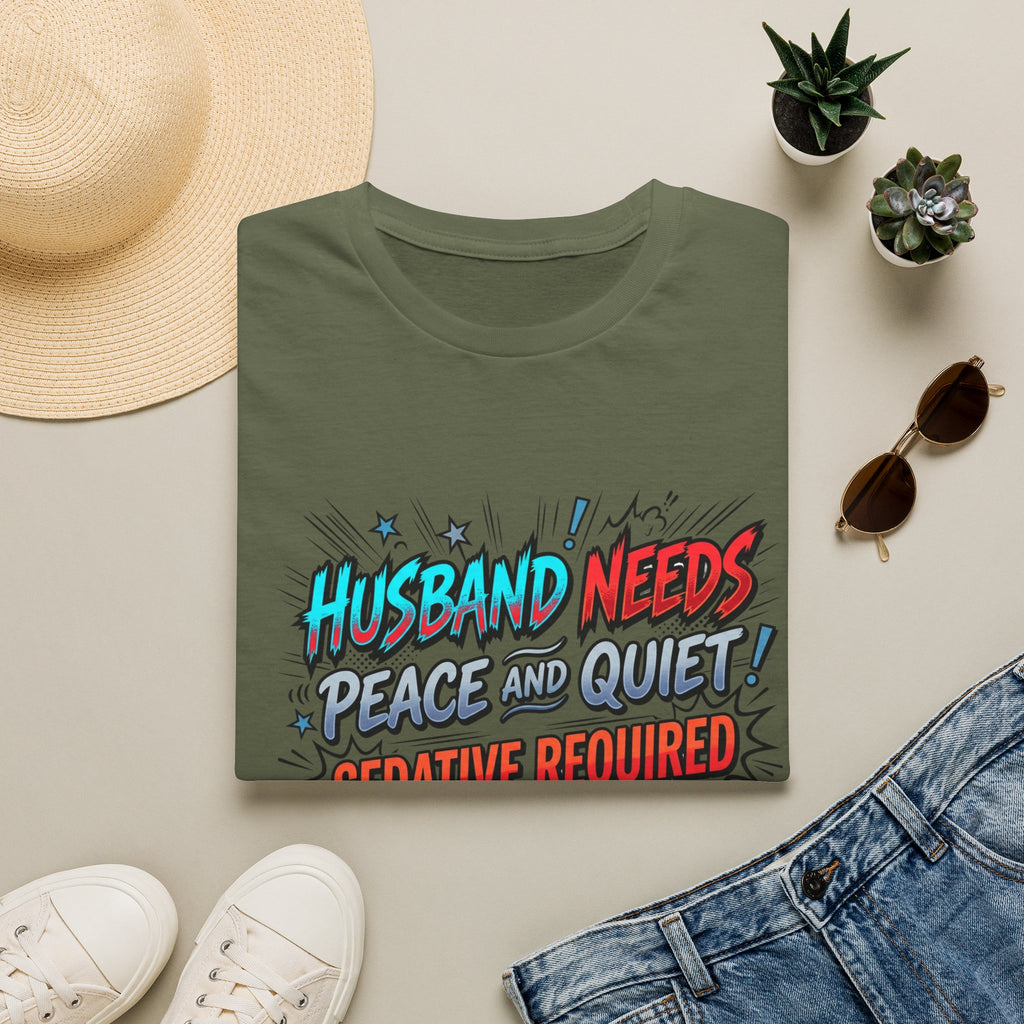 T-Shirt — "Husband Needs Peace and Quiet! Creative Required" Funny Graphic Tee for Wives & Couples