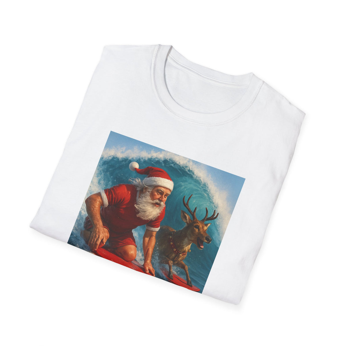 Santa Surfing T-Shirt — Retro Santa and Reindeer Surf Holiday Tee