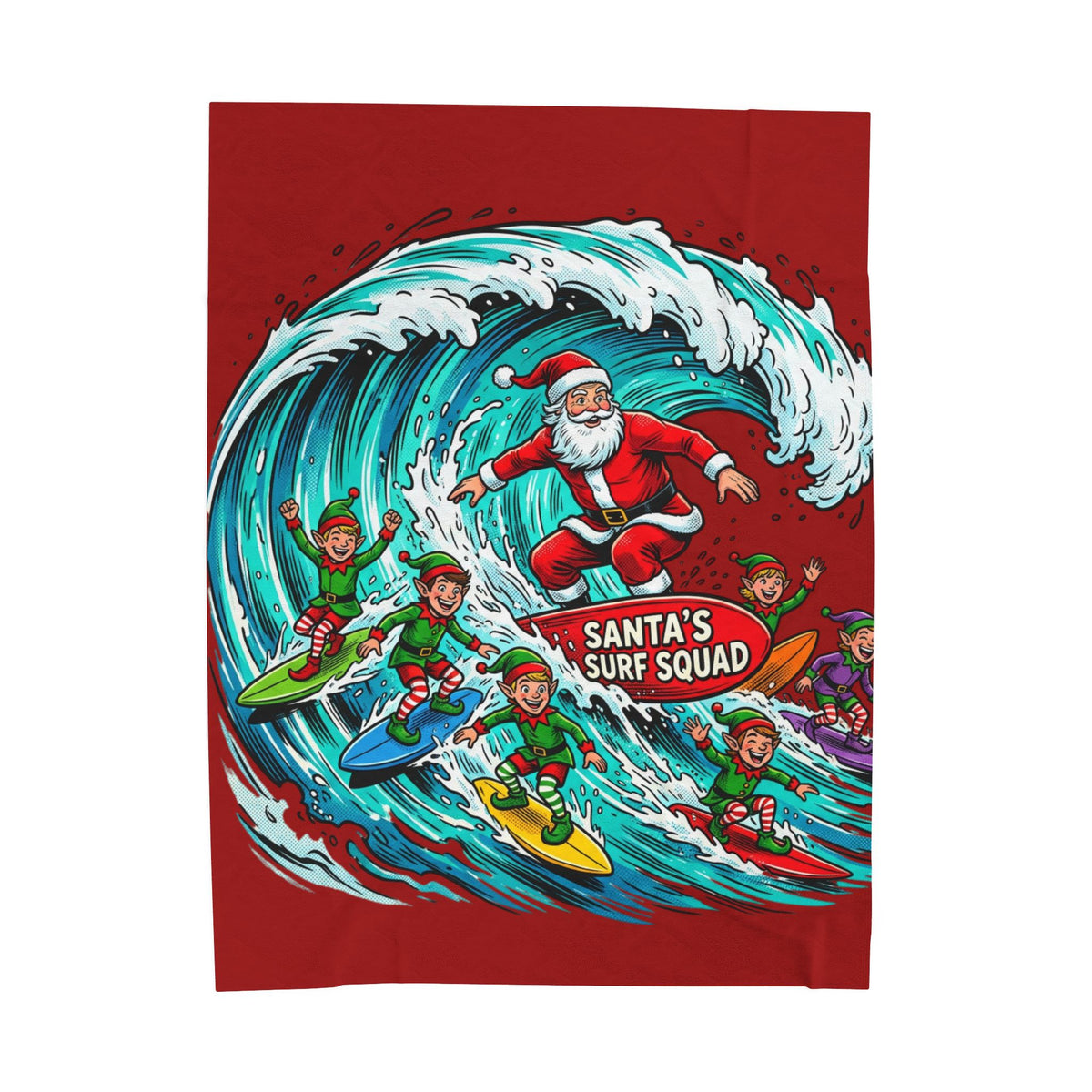 Christmas Surf Blanket — "Santa's Surf Squad" Velveteen Throw