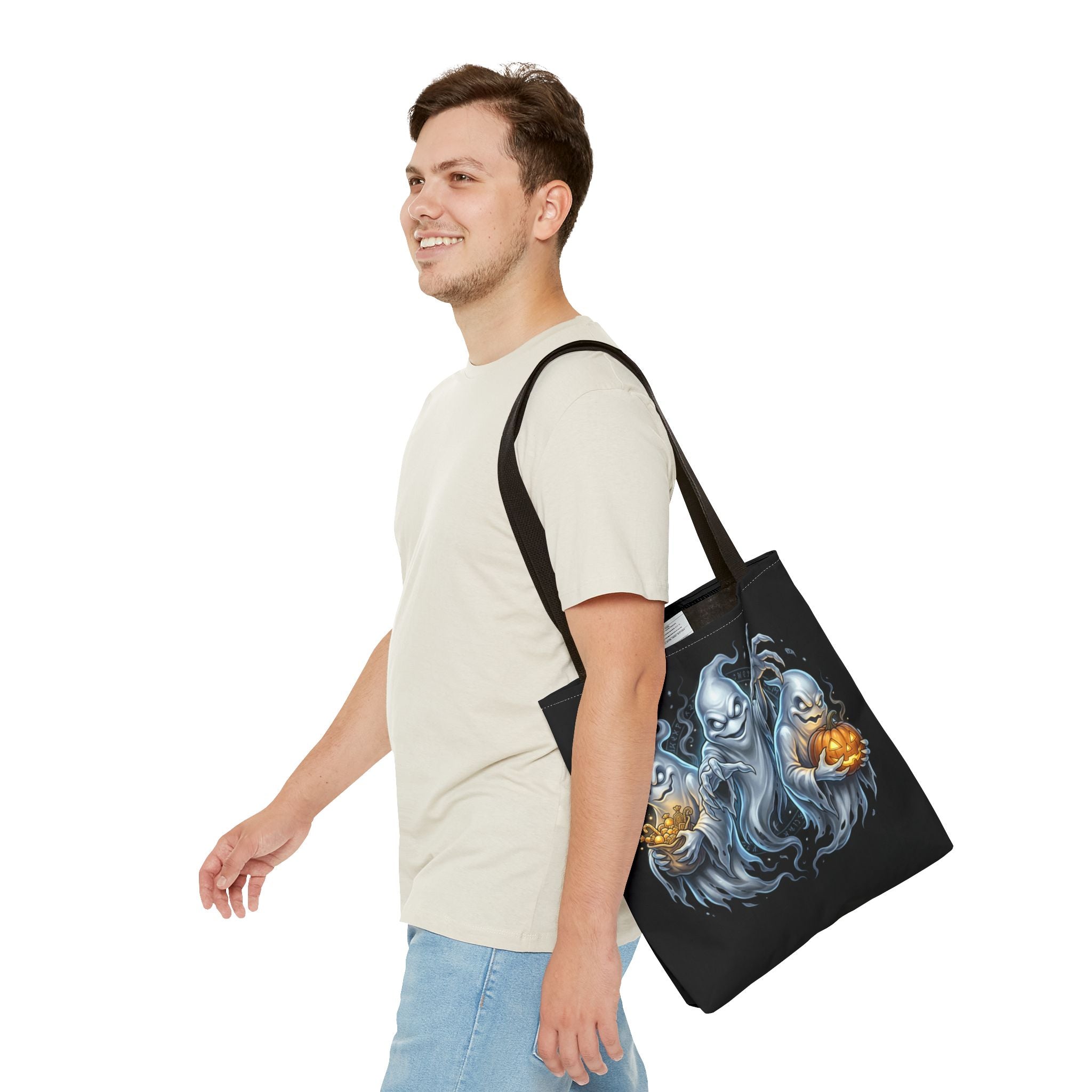 Halloween Ghost Trio Tote Bag — Spooky Pumpkin Trick-or-Treat AOP Tote