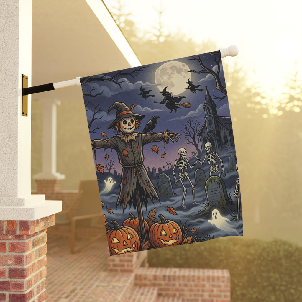 Halloween Scarecrow Garden Flag — Spooky Pumpkin Graveyard Yard Banner